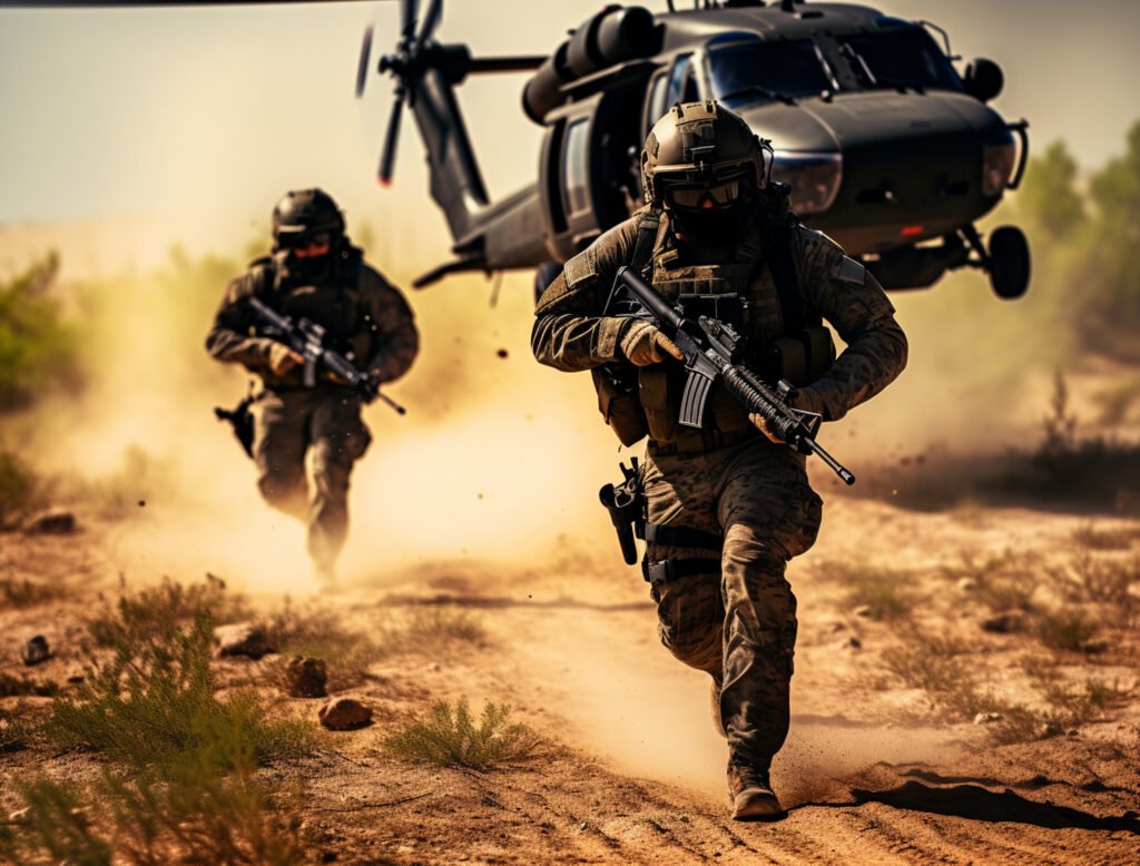 Soldiers standing in a war zone with a helicopter in the background.