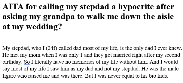 Girl Feels Left Out by Stepfather, Asks Grandpa to Walk Her Down the Aisle, Stepfather Gets Angry