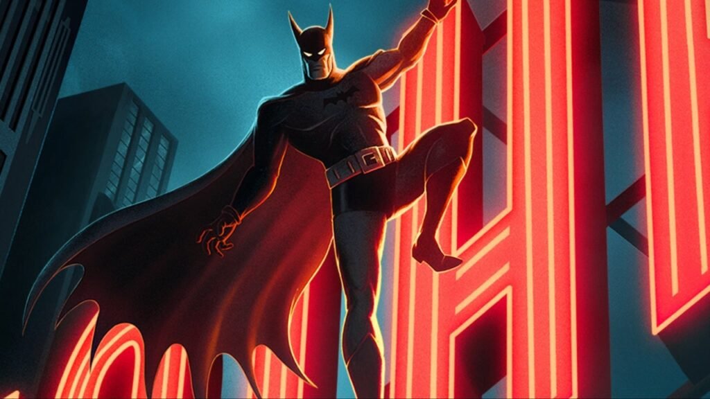 Batman is standing in front of a banner, appearing determined and ready for action.