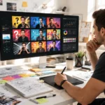 Creative workspace with thumbnail design sketches