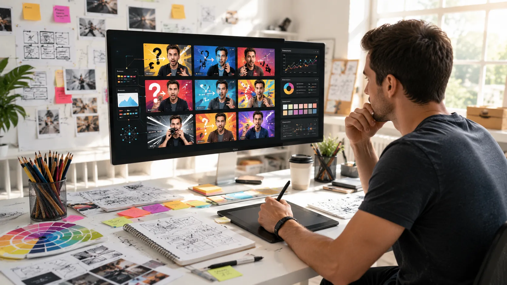 Creative workspace with thumbnail design sketches