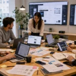 Professional team evaluating the latest AI software in a modern office workspace, with laptops, tablets, research documents, software dashboards, productivity tools, and collaborative planning materials spread across a large conference table in a bright Scandinavian-style office.