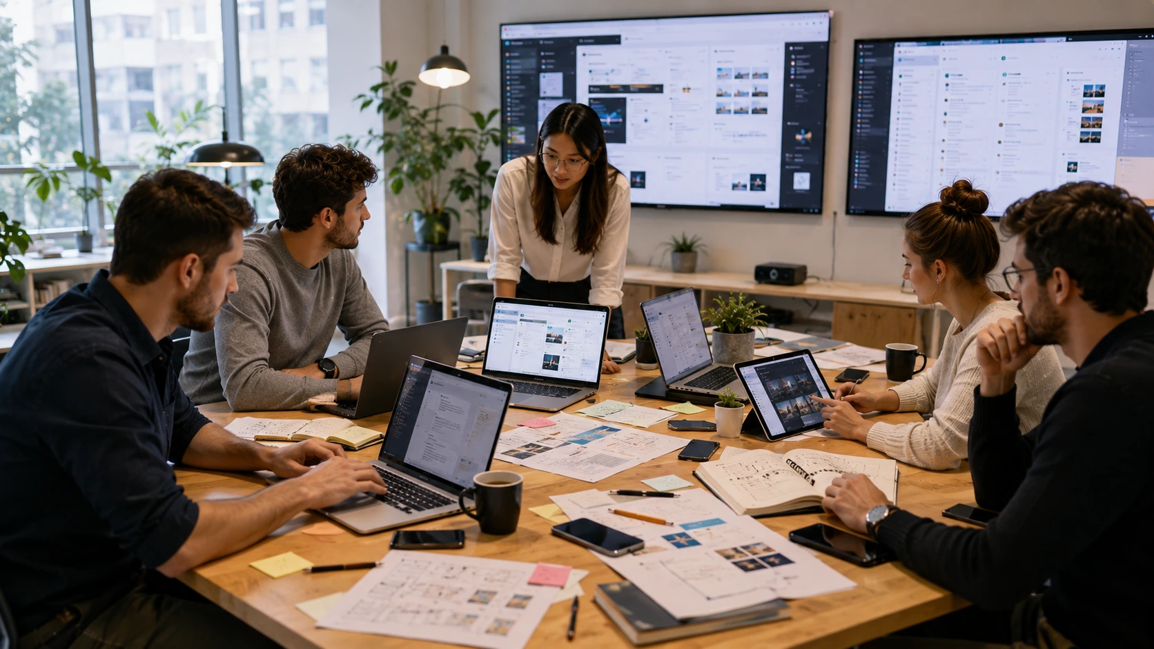 Professional team evaluating the latest AI software in a modern office workspace, with laptops, tablets, research documents, software dashboards, productivity tools, and collaborative planning materials spread across a large conference table in a bright Scandinavian-style office.