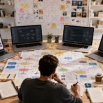 Creative workspace with planning flowcharts - AI Tools Comparison