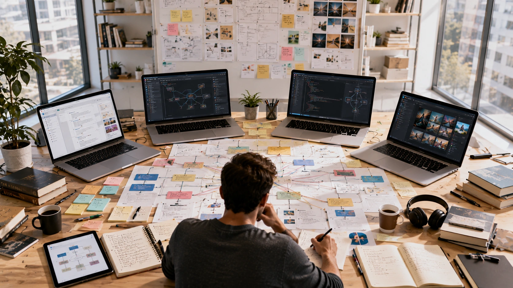 Creative workspace with planning flowcharts - AI Tools Comparison